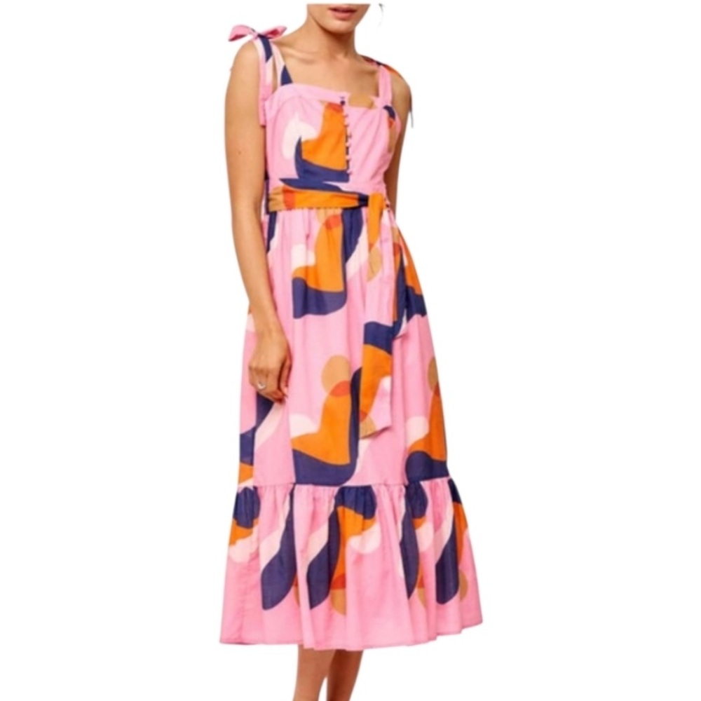 CIEBON The Roma 💯 Cotton Belted Maxi Dress Tie Straps Pink Abstract SZ: Small